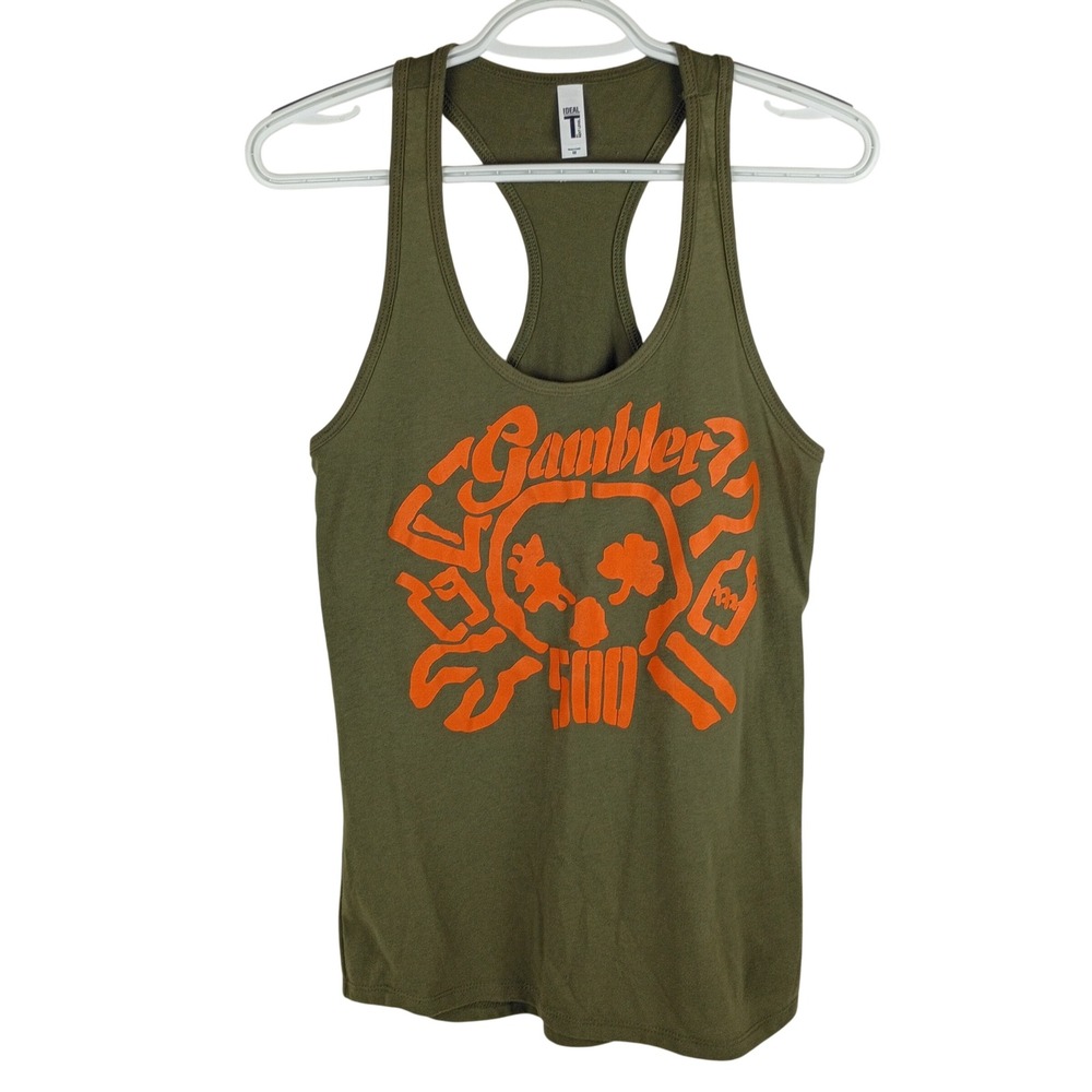 Next Level Gambler 500 Racerback Tank Top Womens Med Olive Green Orange Graphic